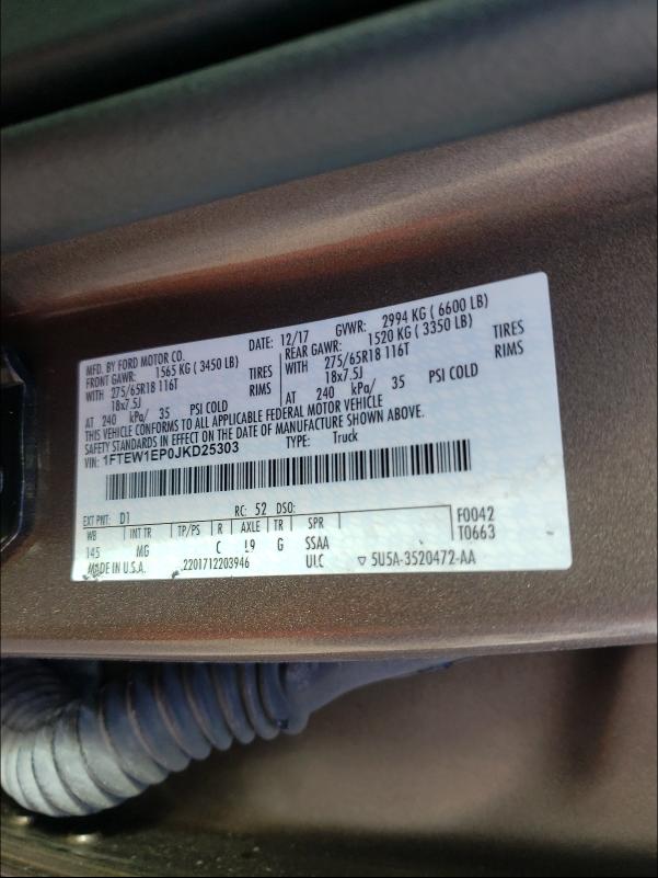 Photo 10 from auction – 2018 FORD F150 SUPER with VIN 1FTEW1EP0JKD25303
