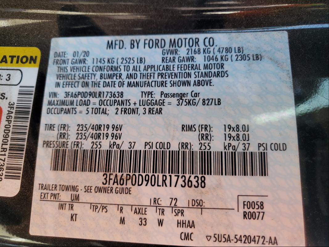 Photo 10 from auction – 2020 FORD FUSION TIT with VIN 3FA6P0D90LR173638