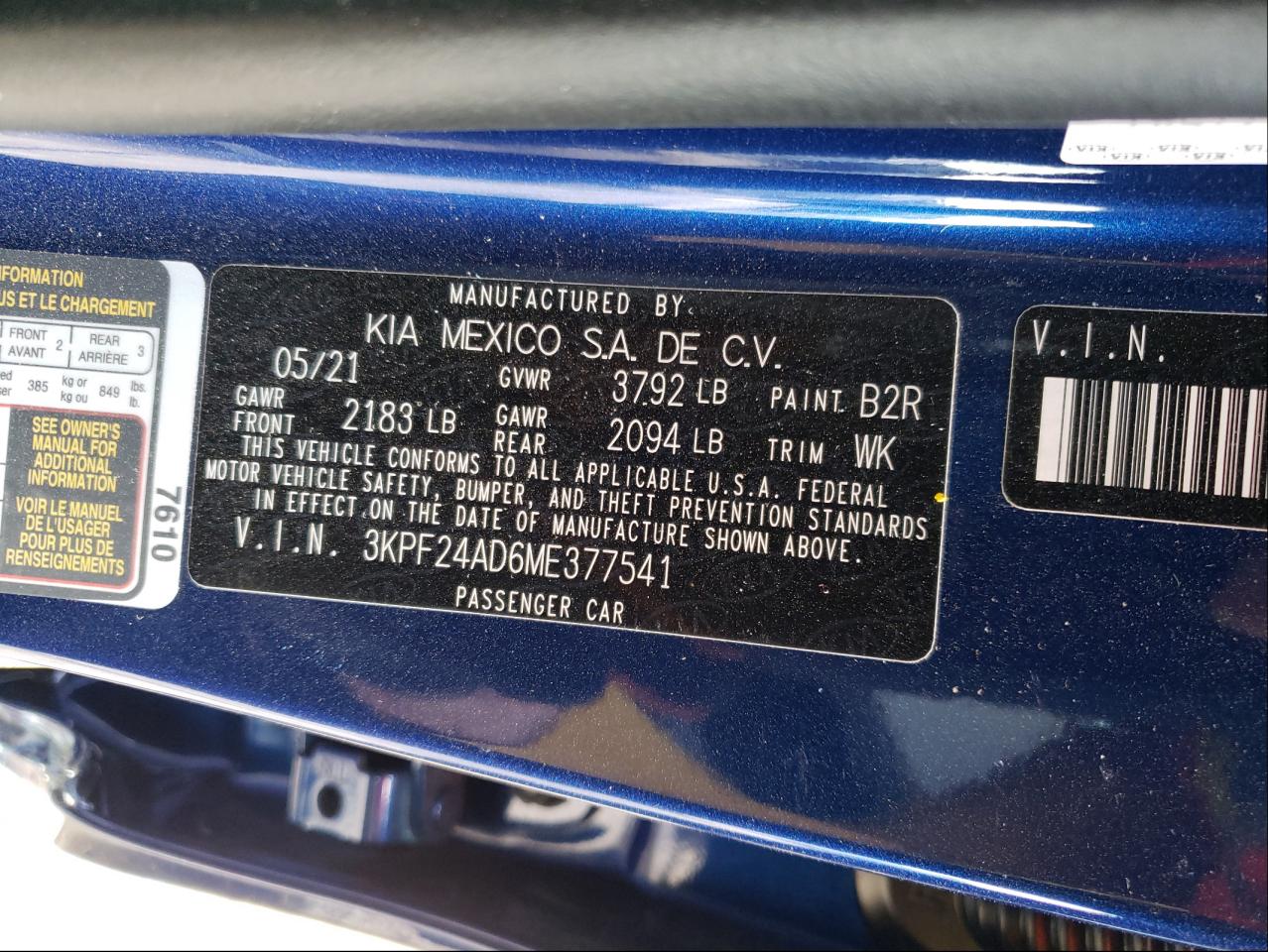 Photo 10 from auction – 2021 KIA FORTE FE with VIN 3KPF24AD6ME377541