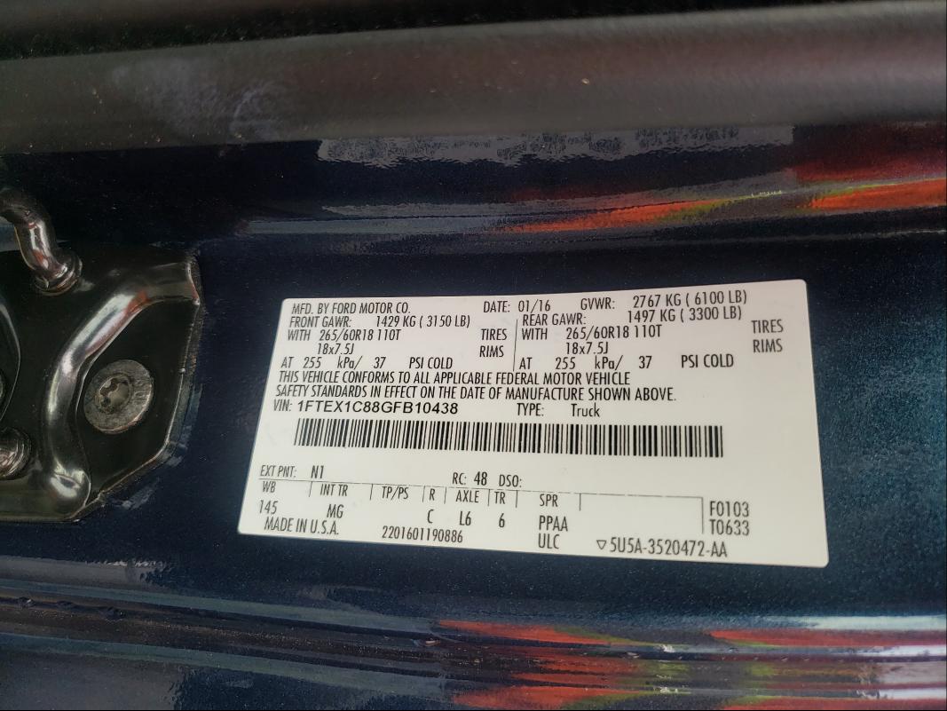 Photo 10 from auction – 2016 FORD F150 SUPER with VIN 1FTEX1C88GFB10438