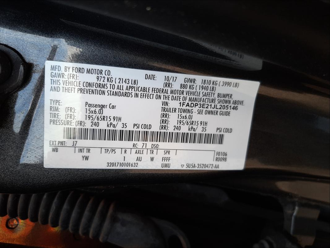 Photo 10 from auction – 2018 FORD FOCUS S with VIN 1FADP3E21JL205146