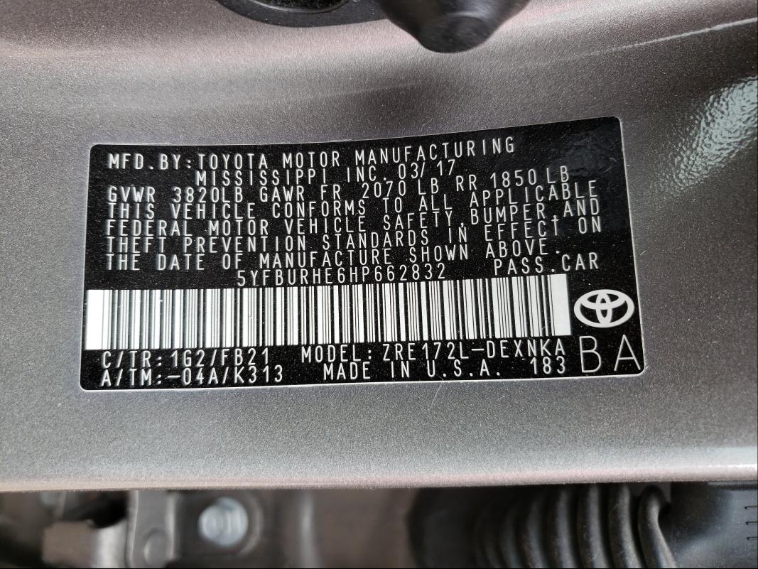 Photo 10 from auction – 2017 TOYOTA COROLLA L with VIN 5YFBURHE6HP662832