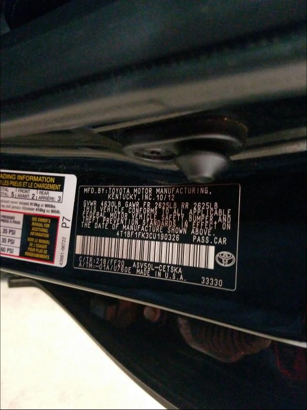 Zdjęcie 10 z aukcji – 2012 TOYOTA CAMRY BASE z VIN 4T1BF1FK3CU190326
