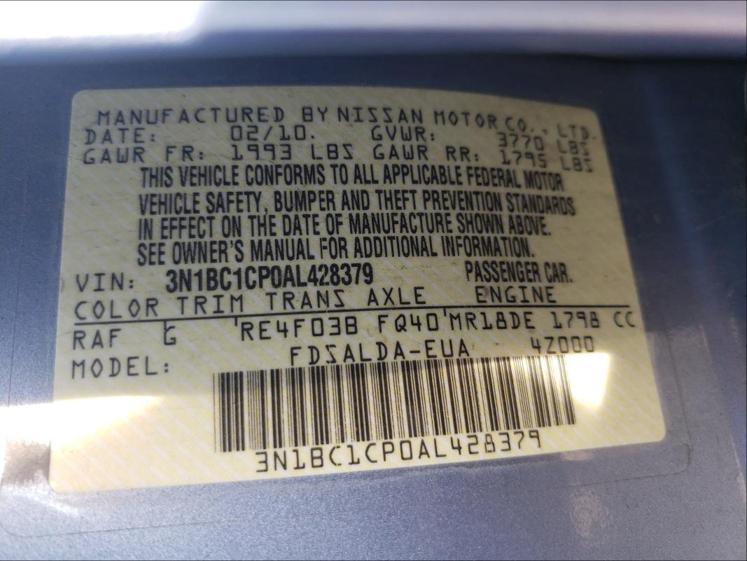 Photo 10 from auction – 2010 NISSAN VERSA S with VIN 3N1BC1CP0AL428379