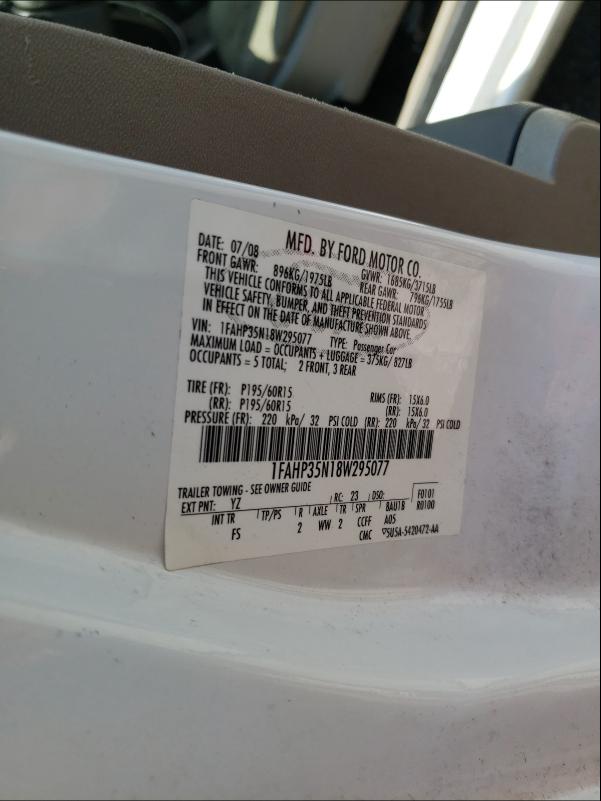 Photo 10 from auction – 2008 FORD FOCUS SE with VIN 1FAHP35N18W295077