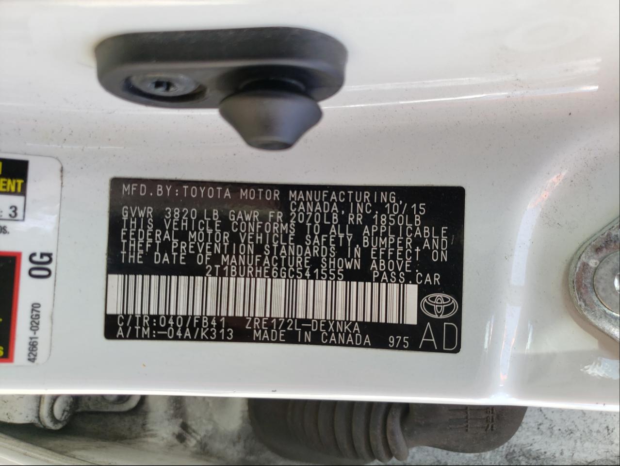 Photo 10 from auction – 2016 TOYOTA COROLLA L with VIN 2T1BURHE6GC541555