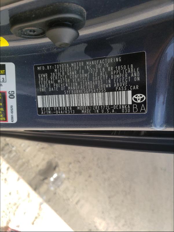 Photo 10 from auction – 2016 TOYOTA COROLLA L with VIN 5YFBURHE5GP541255