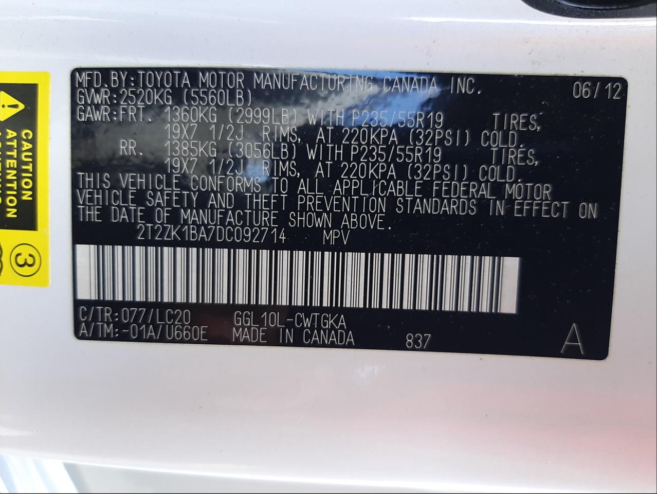 Photo 10 from auction – 2013 LEXUS RX 350 with VIN 2T2ZK1BA7DC092714