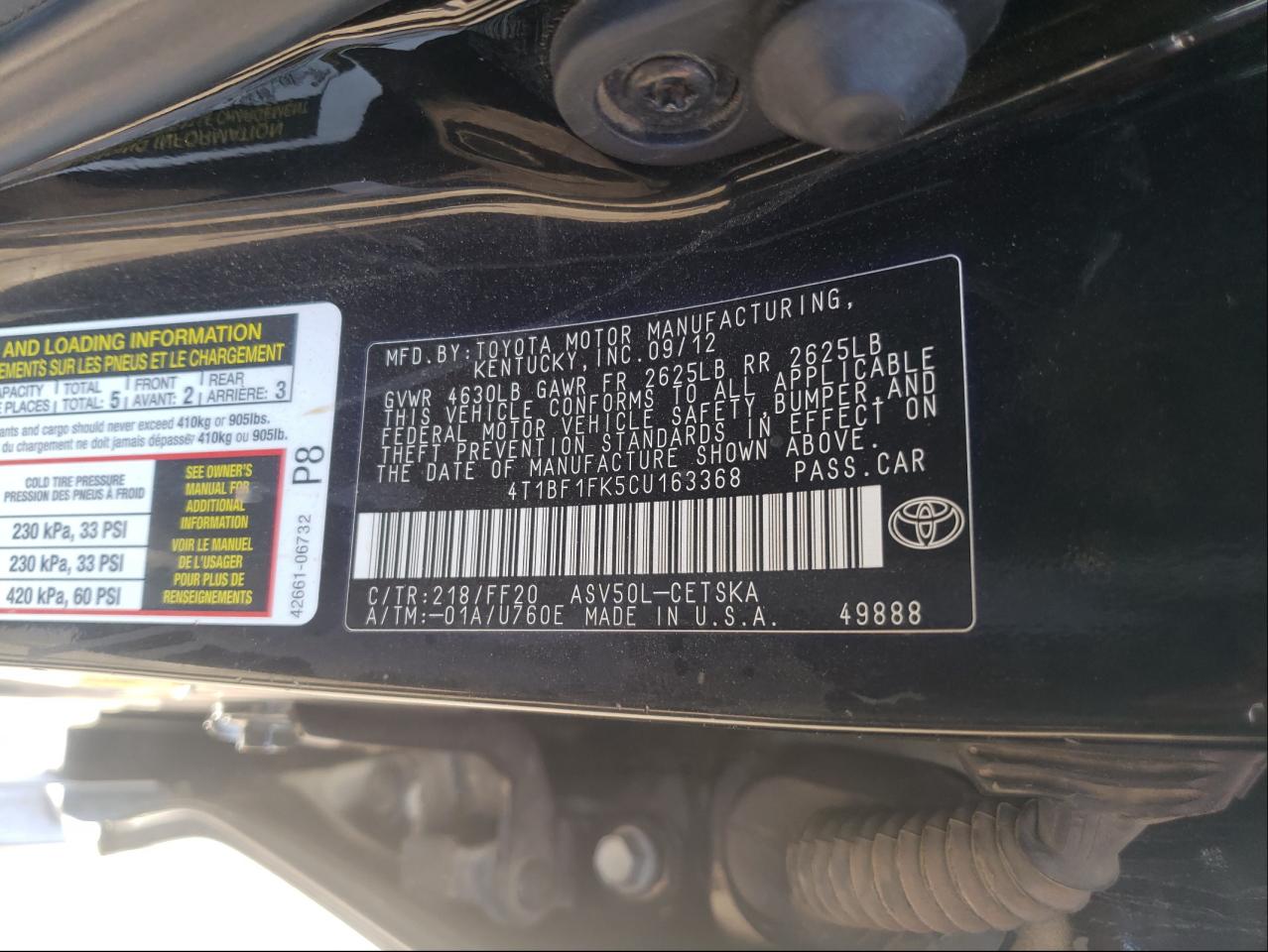 Photo 10 from auction – 2012 TOYOTA CAMRY BASE with VIN 4T1BF1FK5CU163368