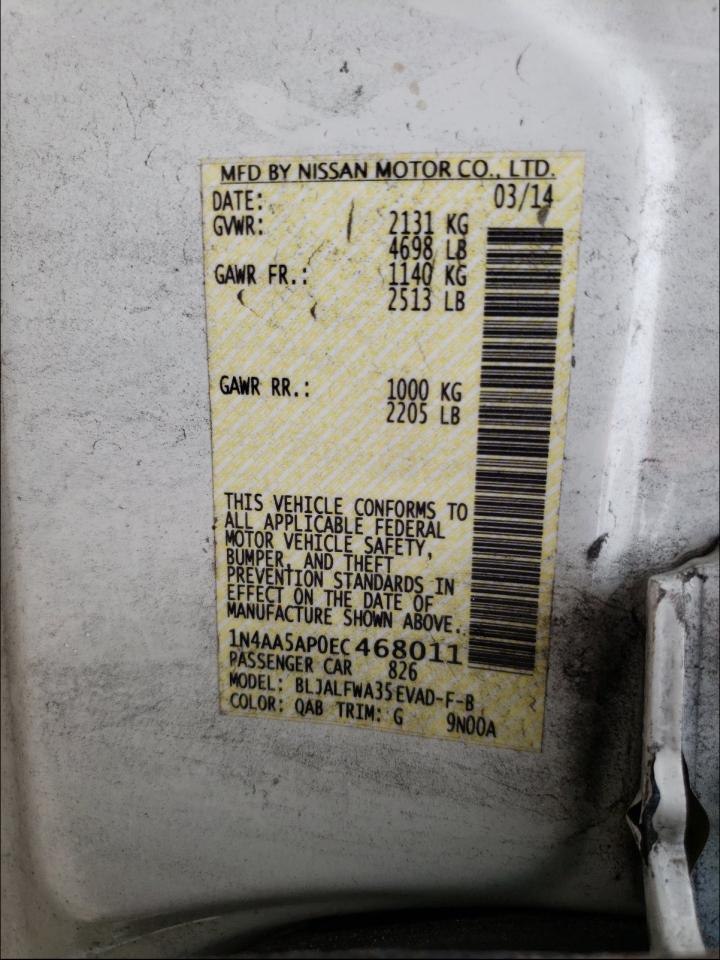 Photo 10 from auction – 2014 NISSAN MAXIMA S with VIN 1N4AA5AP0EC468011