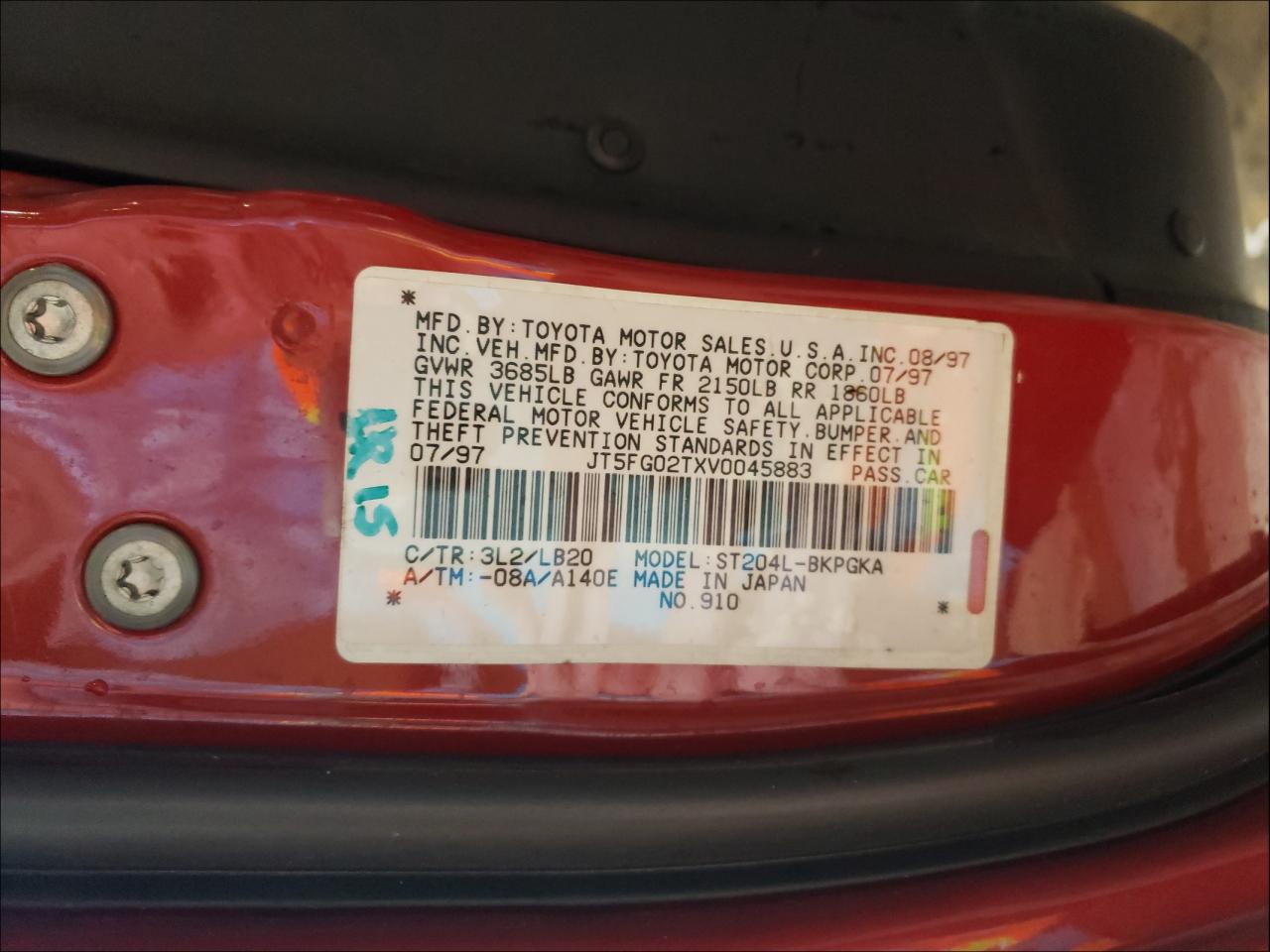 Photo 10 from auction – 1997 TOYOTA CELICA with VIN JT5FG02TXV0045883