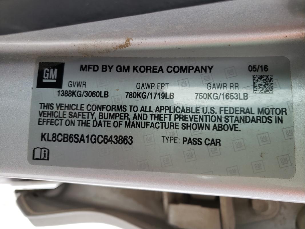 Photo 10 from auction – 2016 CHEVROLET SPARK LS with VIN KL8CB6SA1GC643863