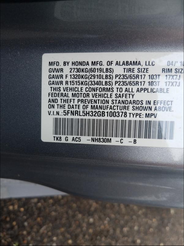 Photo 10 from auction – 2016 HONDA ODYSSEY SE with VIN 5FNRL5H32GB100378