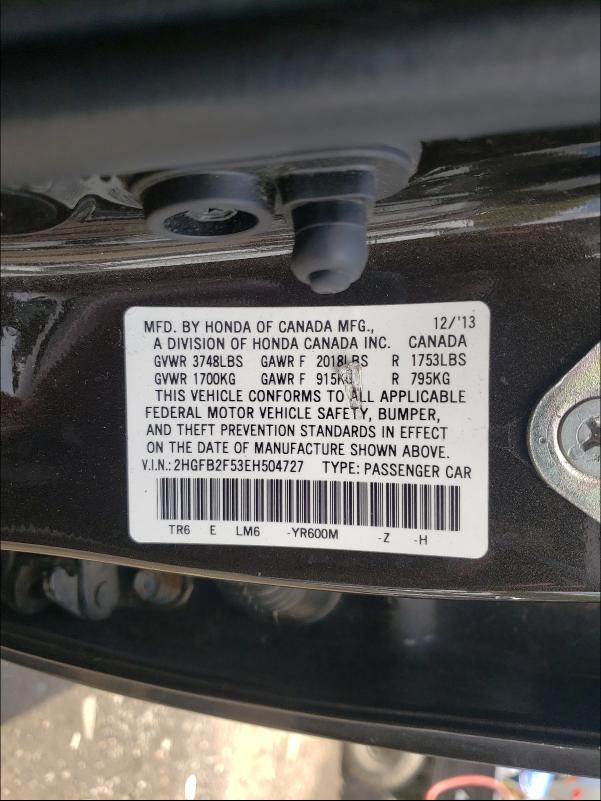 Photo 10 from auction – 2014 HONDA CIVIC LX with VIN 2HGFB2F53EH504727