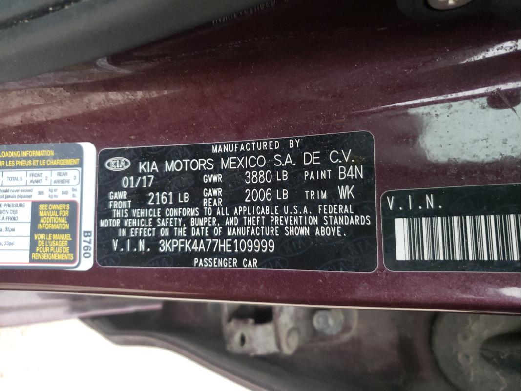 Photo 10 from auction – 2017 KIA FORTE LX with VIN 3KPFK4A77HE109999