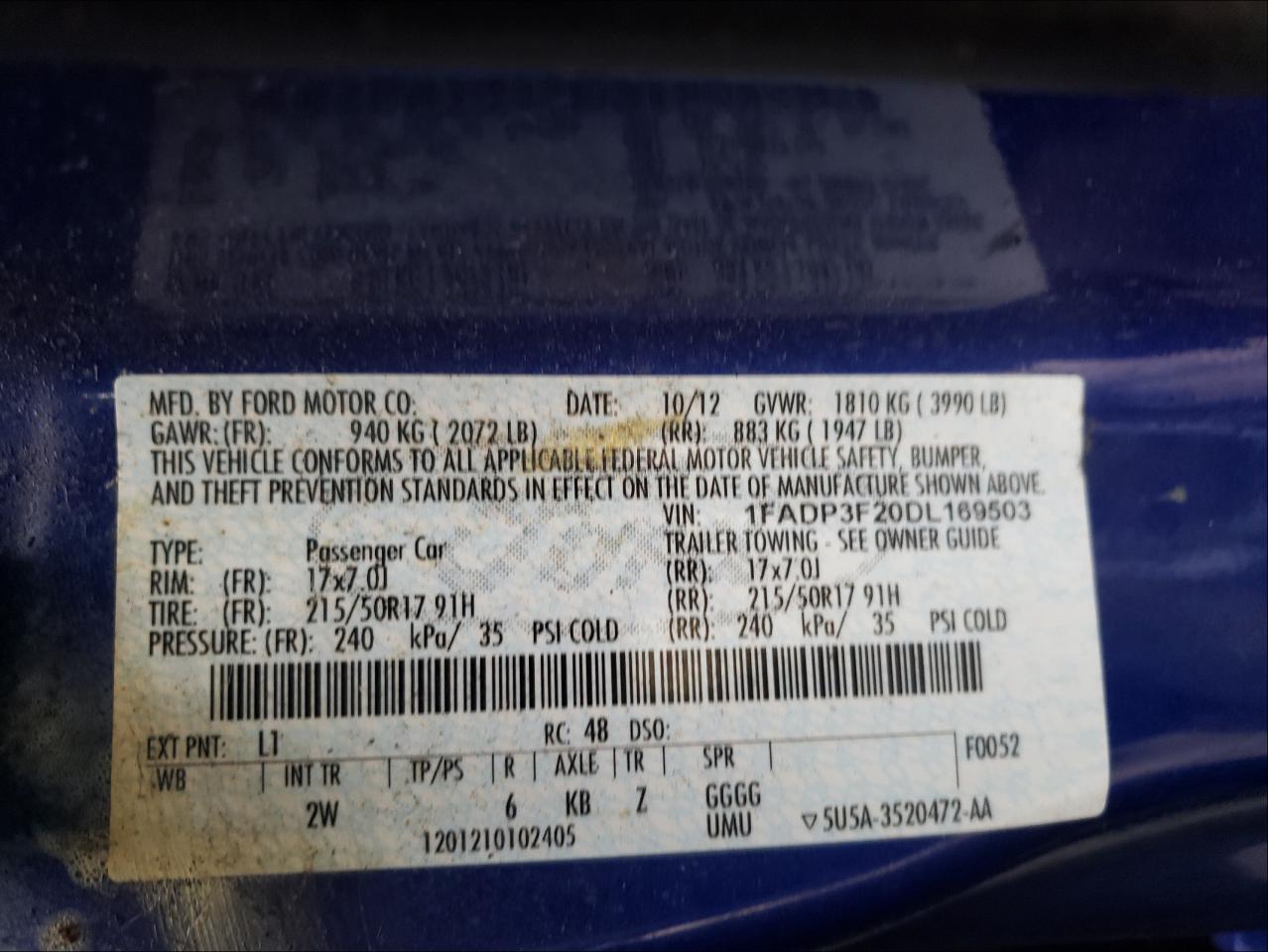Photo 10 from auction – 2013 FORD FOCUS SE with VIN 1FADP3F20DL169503