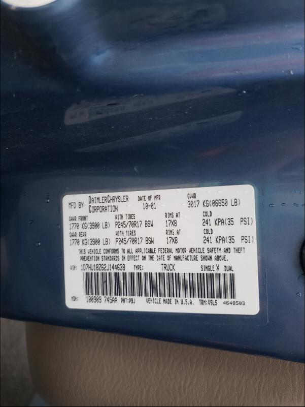 Photo 10 from auction – 2002 DODGE RAM 1500 with VIN 1D7HU18Z62J144638