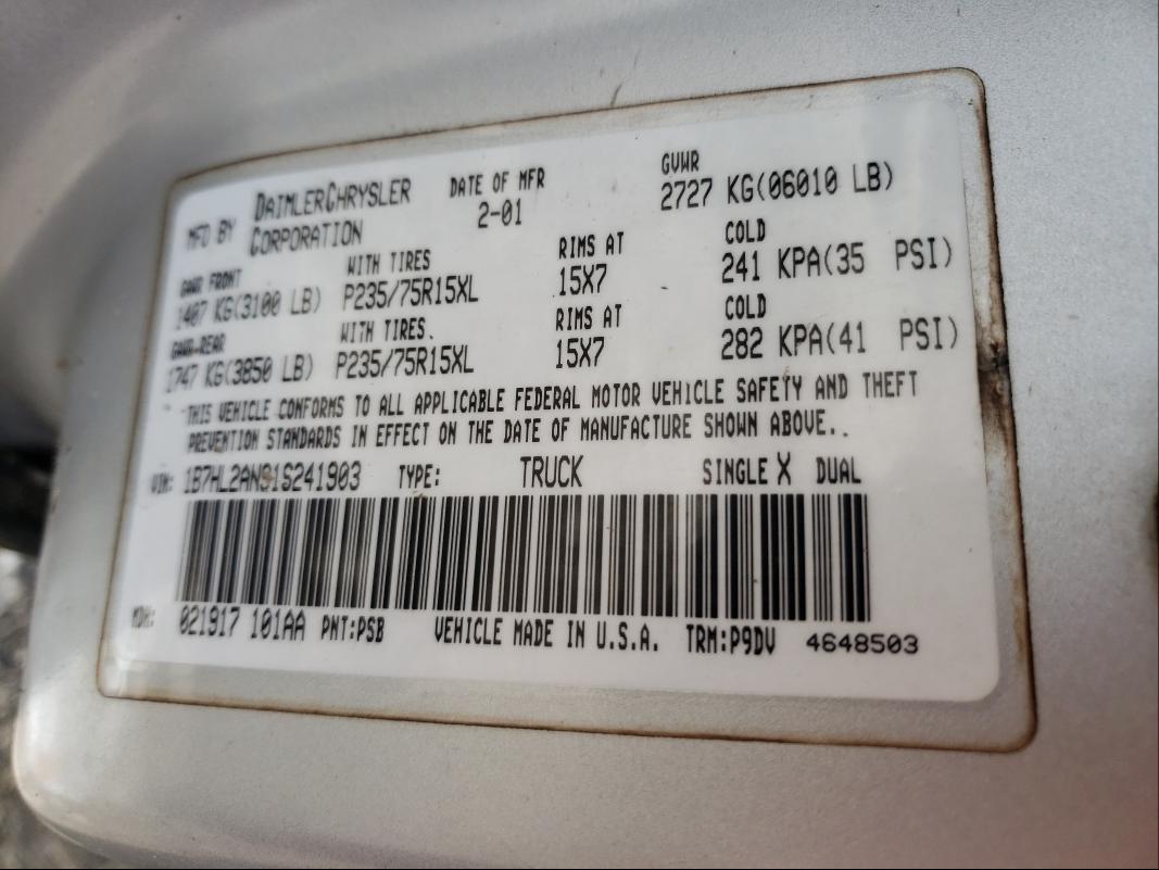 Photo 10 from auction – 2001 DODGE DAKOTA QUA with VIN 1B7HL2AN91S241903