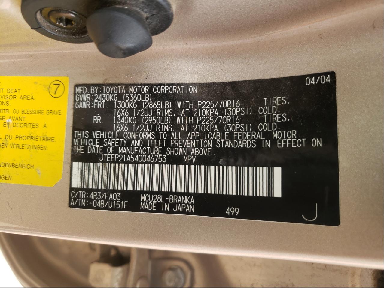 Photo 10 from auction – 2004 TOYOTA HIGHLANDER with VIN JTEEP21A540046753