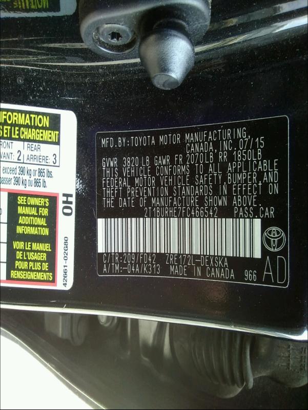 Photo 10 from auction – 2015 TOYOTA COROLLA L with VIN 2T1BURHE7FC466542