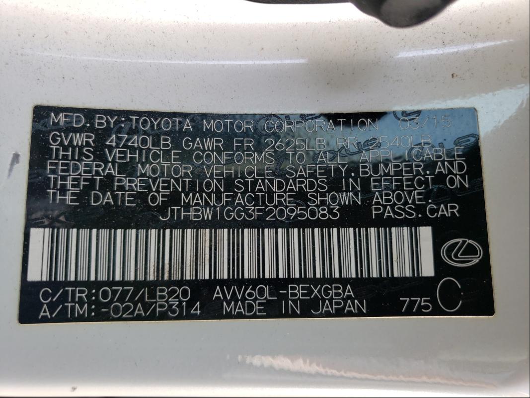 Photo 10 from auction – 2015 LEXUS ES 300H with VIN JTHBW1GG3F2095083