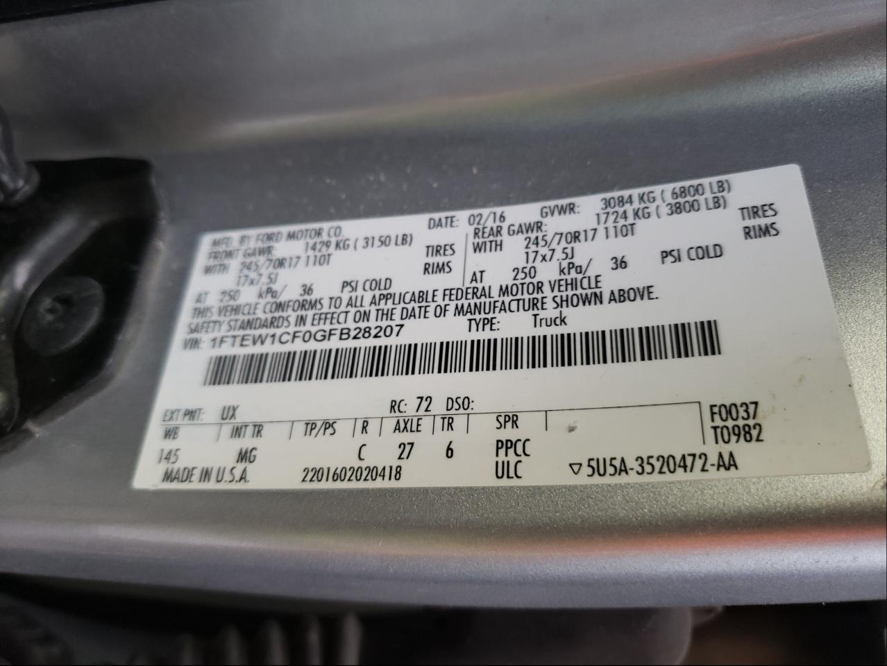 صورة رقم 10 من المزاد - 2016 FORD F150 SUPER مع VIN 1FTEW1CF0GFB28207