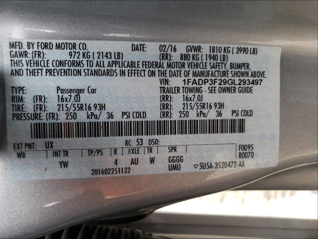 Photo 10 from auction – 2016 FORD FOCUS SE with VIN 1FADP3F29GL293497