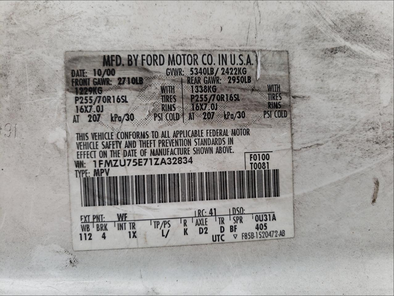 Photo 10 from auction – 2001 FORD EXPLORER with VIN 1FMZU75E71ZA32834