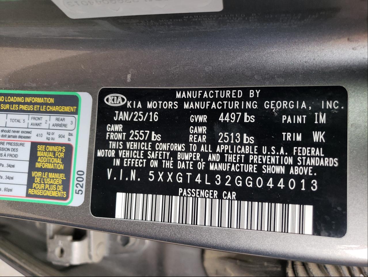 Photo 10 from auction – 2016 KIA OPTIMA with VIN 5XXGT4L32GG044013