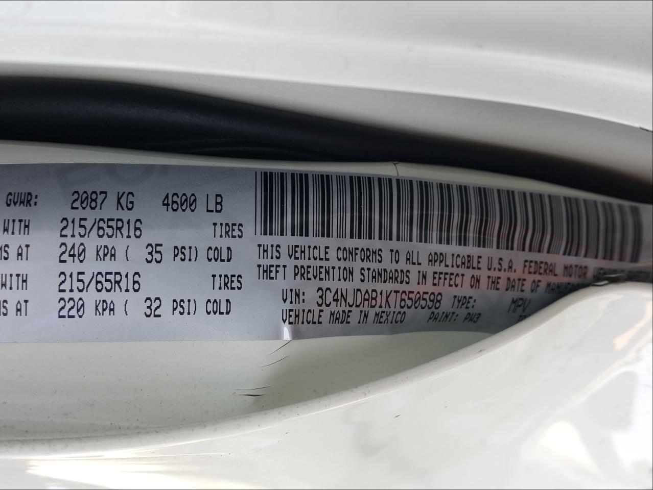 Photo 10 from auction – 2019 JEEP COMPASS SP with VIN 3C4NJDAB1KT650598