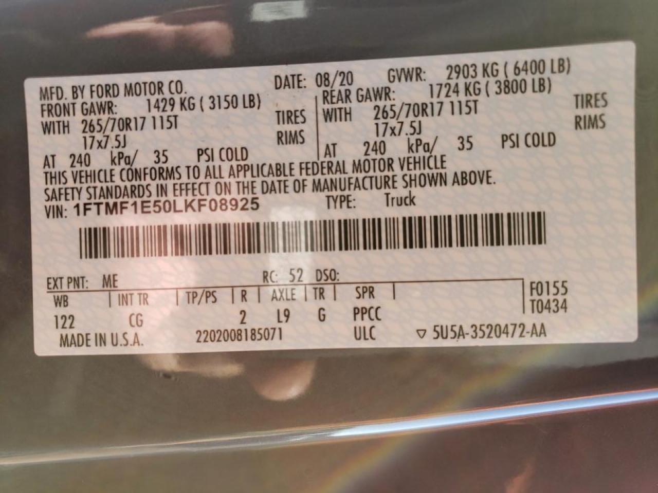 Photo 10 from auction – 2020 FORD F150 with VIN 1FTMF1E50LKF08925