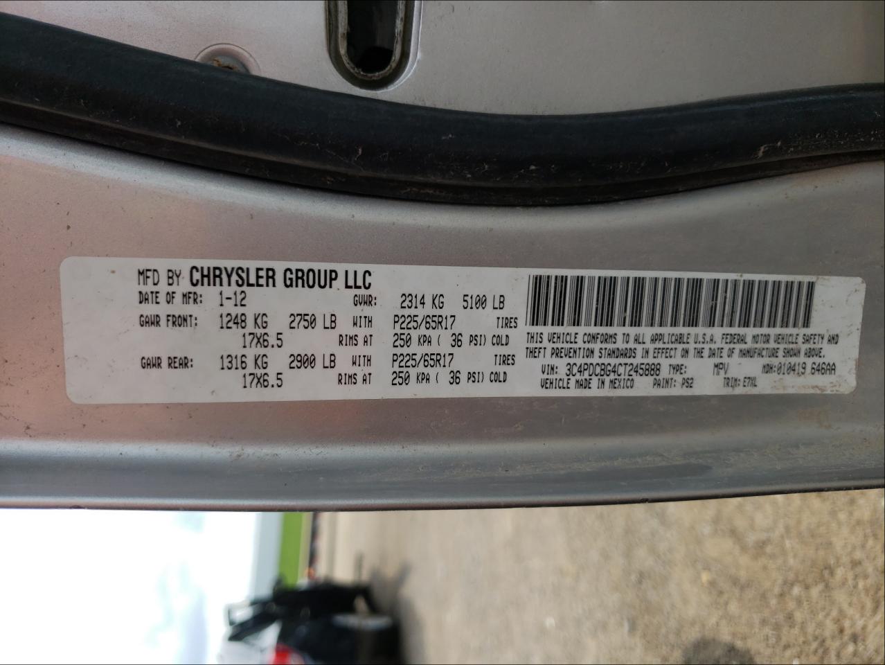 Photo 10 from auction – 2012 DODGE JOURNEY SX with VIN 3C4PDCBG4CT245888