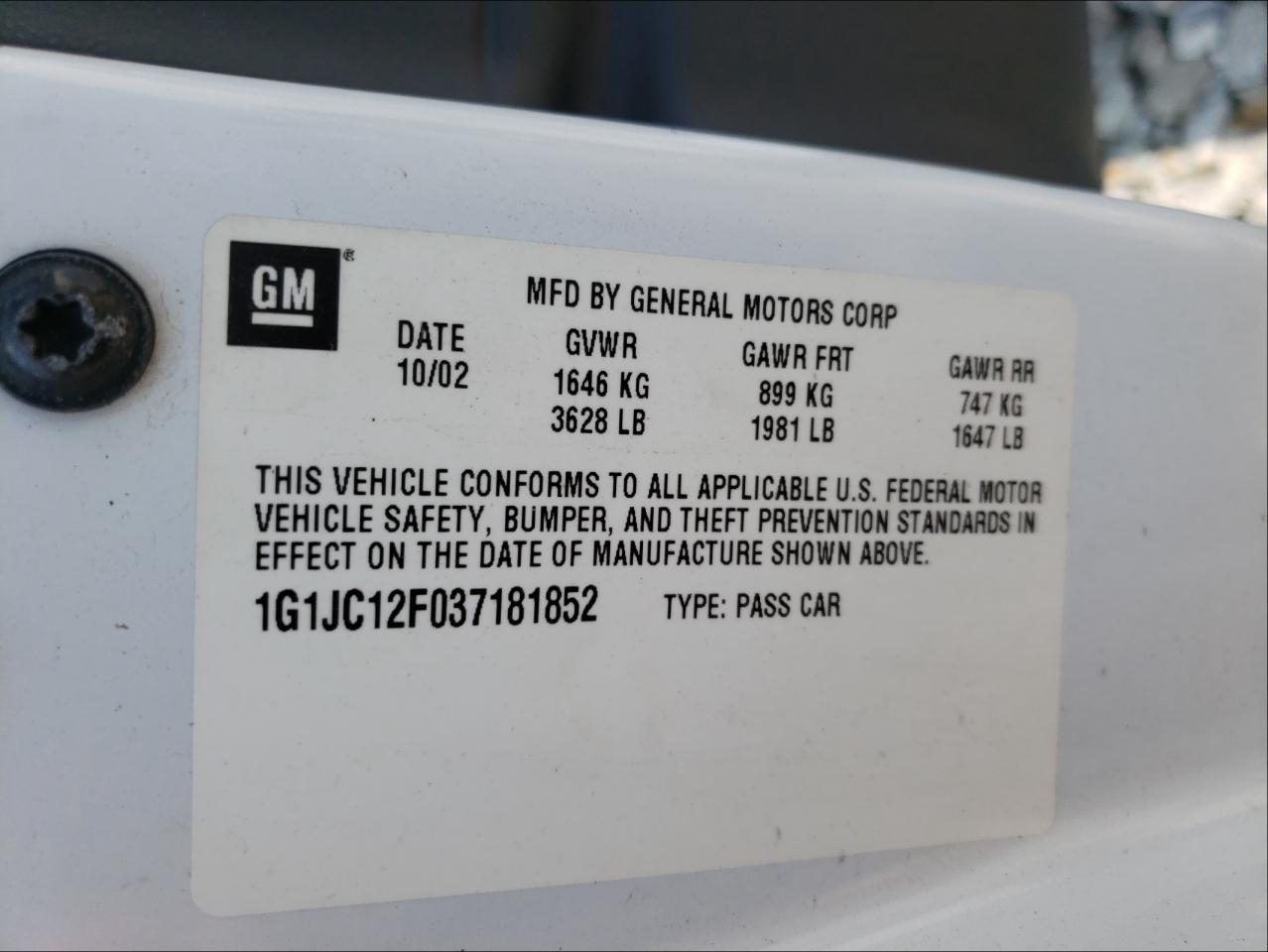 Photo 10 from auction – 2002 CHEVROLET CAVALIER with VIN 1G1JC12F037181852