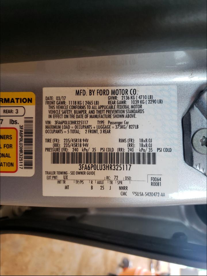 Photo 10 from auction – 2017 FORD FUSION SE with VIN 3FA6P0LU3HR325117