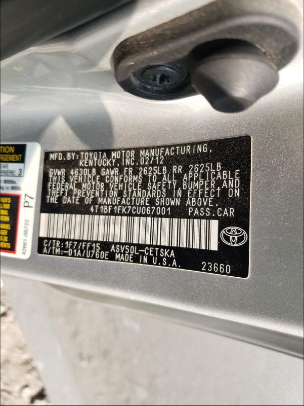 Photo 10 from auction – 2012 TOYOTA CAMRY BASE with VIN 4T1BF1FK7CU067001