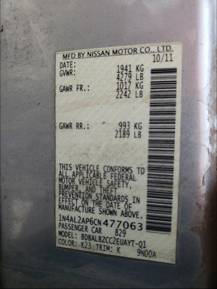 Photo 10 from auction – 2012 NISSAN ALTIMA BAS with VIN 1N4AL2AP6CN477063