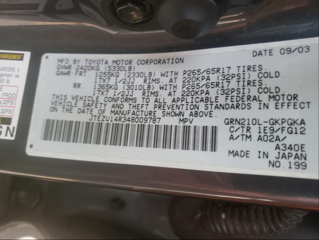 Photo 10 from auction – 2004 TOYOTA 4RUNNER SR with VIN JTEZU14R348009787