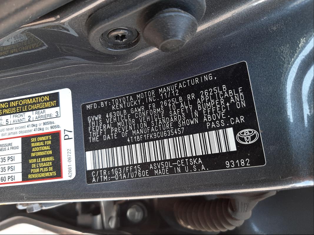 Zdjęcie 10 z aukcji – 2012 TOYOTA CAMRY BASE z VIN 4T1BF1FK9CU635457