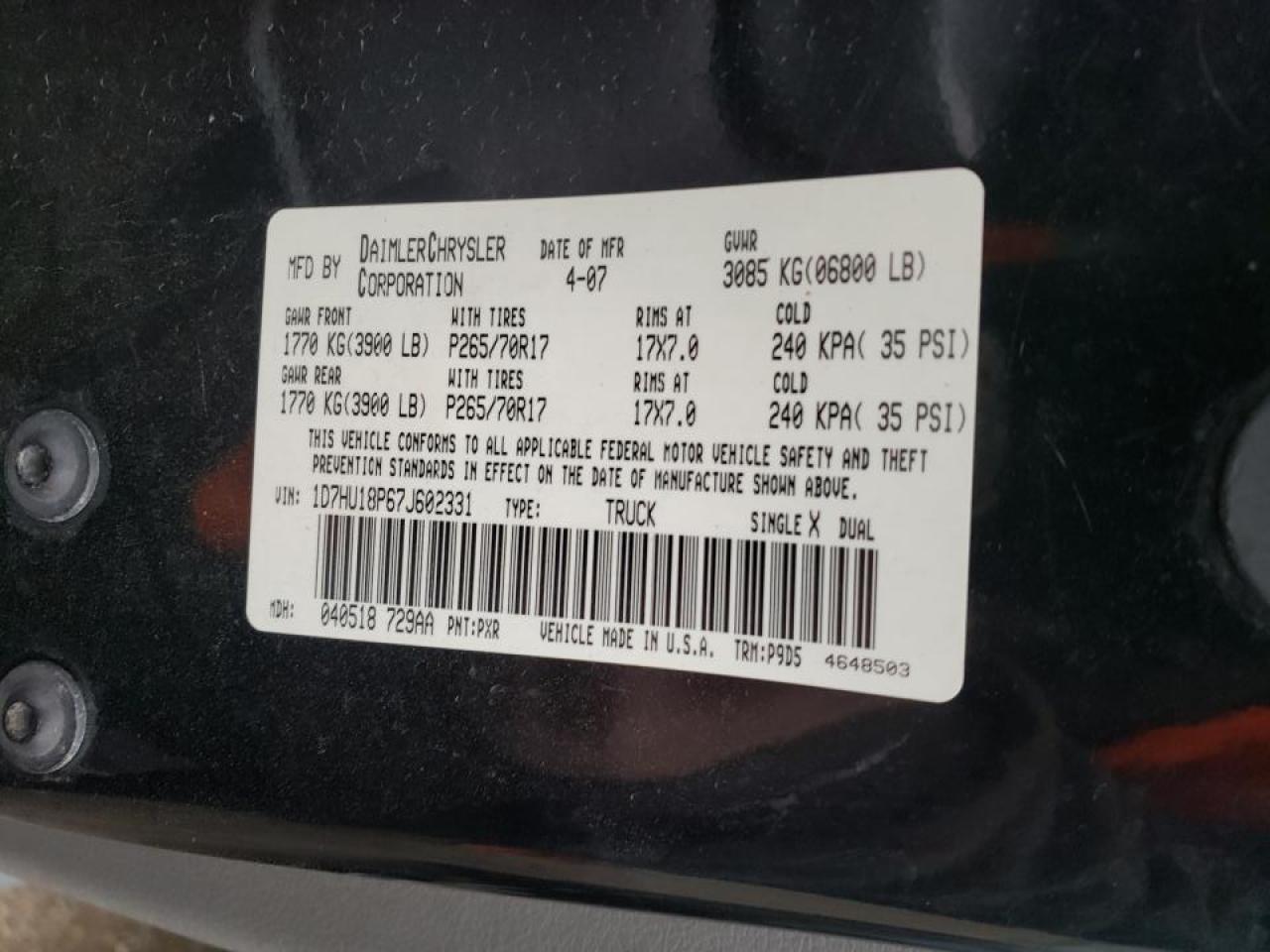 Photo 10 from auction – 2007 DODGE RAM 1500 S with VIN 1D7HU18P67J602331