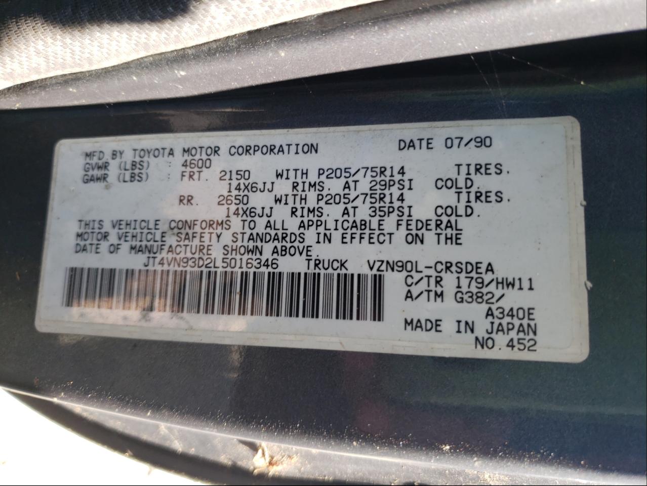 Photo 10 from auction – 1990 TOYOTA PICKUP 1/2 with VIN JT4VN93D2L5016346