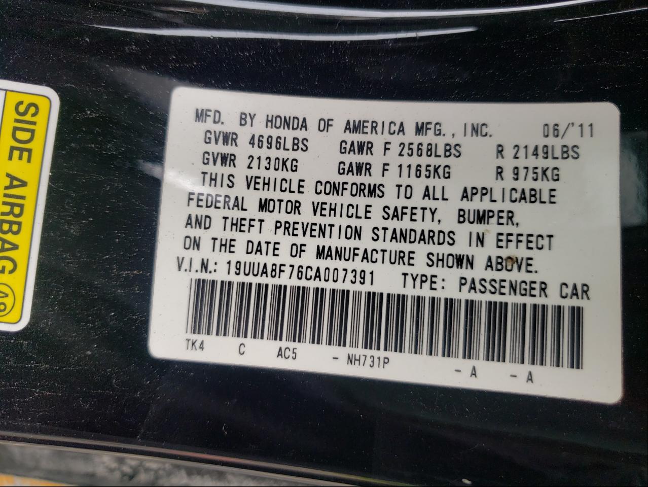 Photo 10 from auction – 2012 ACURA TL with VIN 19UUA8F76CA007391
