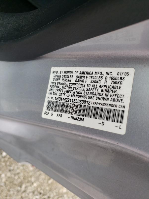 Photo 10 from auction – 2005 HONDA CIVIC DX V with VIN 1HGEM22115L033012
