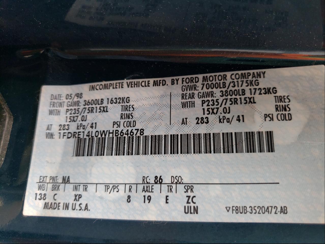 Photo 10 from auction – 1998 FORD ECONOLINE with VIN 1FDRE14L0WHB64678
