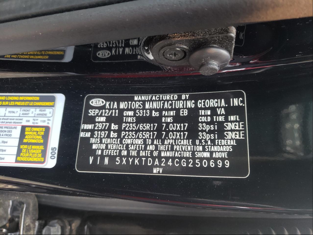 Photo 10 from auction – 2012 KIA SORENTO BA with VIN 5XYKTDA24CG250699