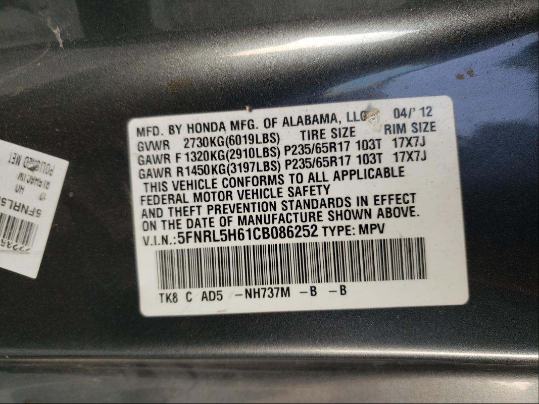 Photo 10 from auction – 2012 HONDA ODYSSEY EX with VIN 5FNRL5H61CB086252