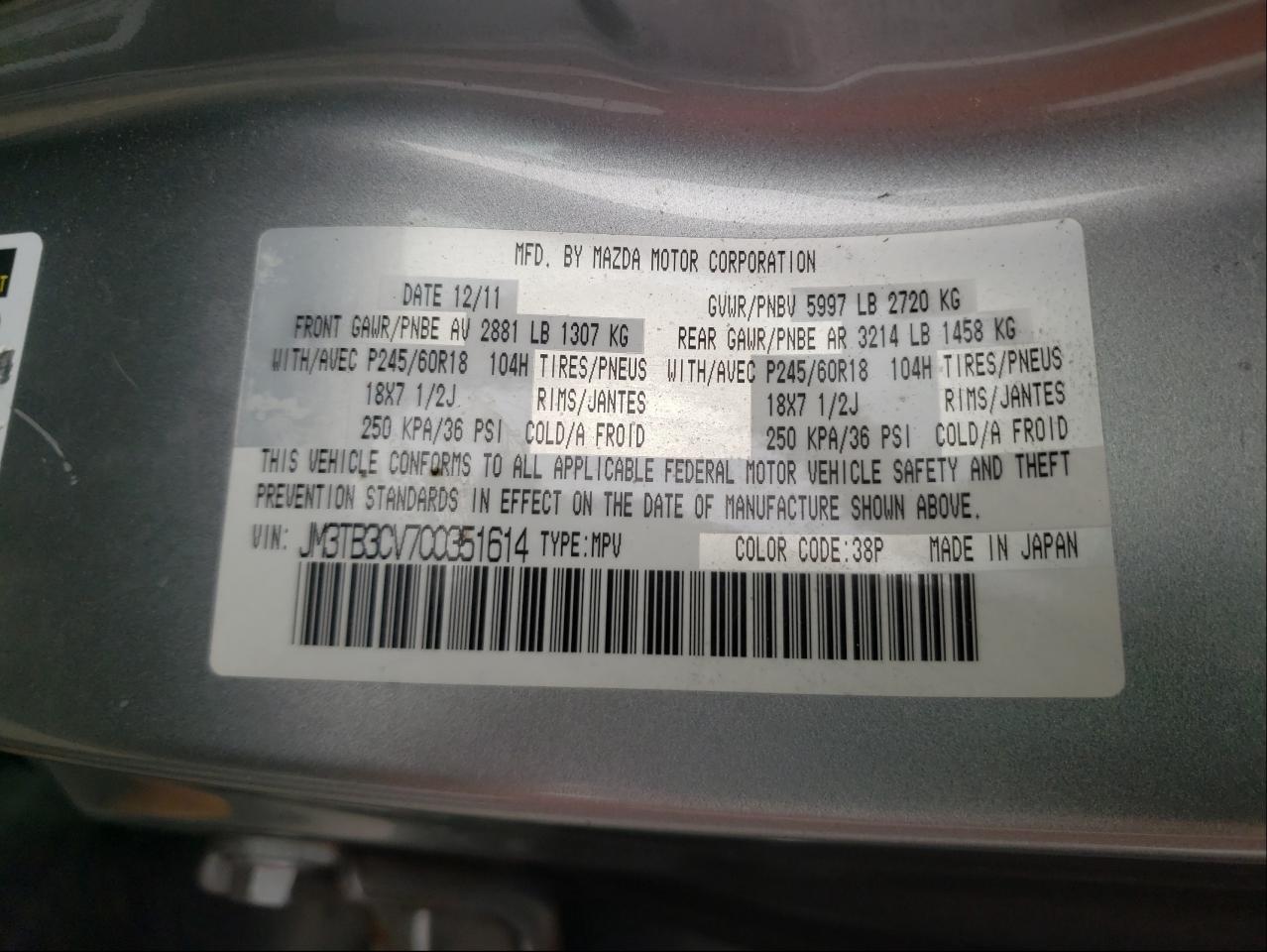 Photo 10 from auction – 2012 MAZDA CX-9 with VIN JM3TB3CV7C0351614