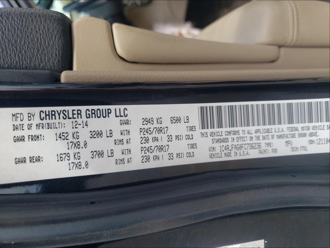 Photo 10 from auction – 2015 JEEP GRAND CHER with VIN 1C4RJFAG0FC736236