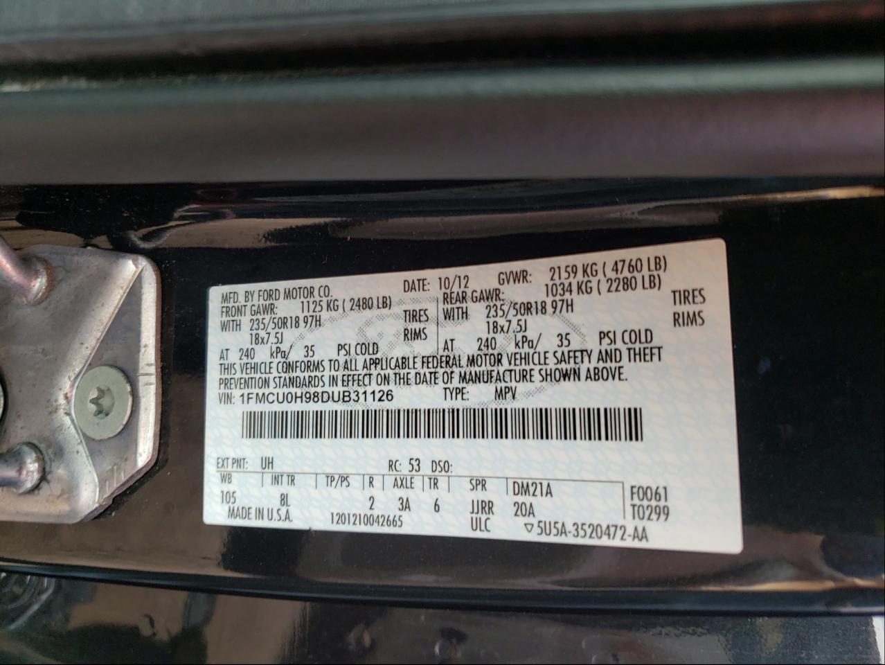 Photo 10 from auction – 2013 FORD ESCAPE SEL with VIN 1FMCU0H98DUB31126