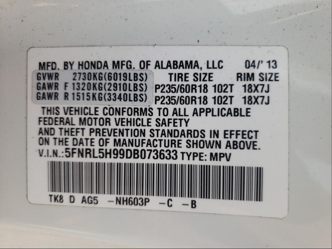 Photo 10 from auction – 2013 HONDA ODYSSEY TO with VIN 5FNRL5H99DB073633