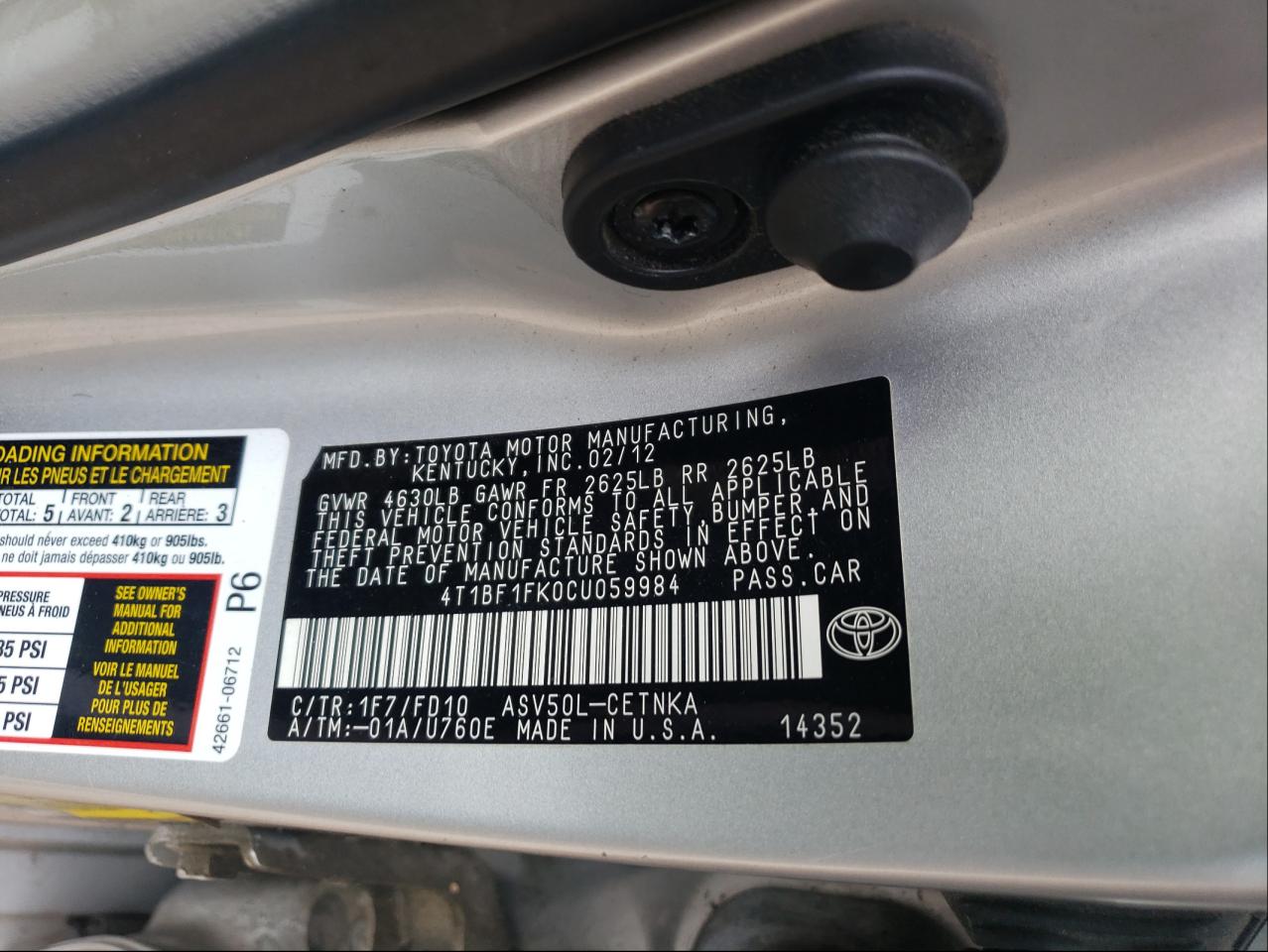 Photo 10 from auction – 2012 TOYOTA CAMRY BASE with VIN 4T1BF1FK0CU059984